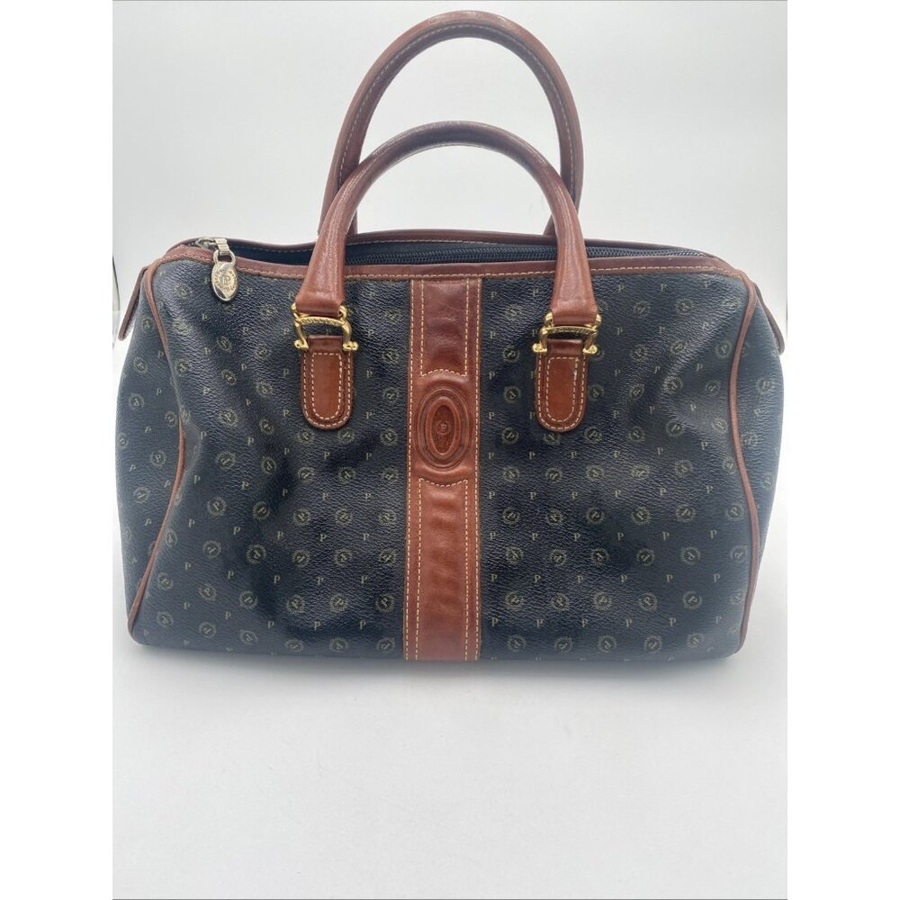 Pollini Satchel Bag Purse Brown Vintage Italian Leather Monogram Double Handle